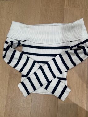 White and Navy Striped off the Shoulder Sweater